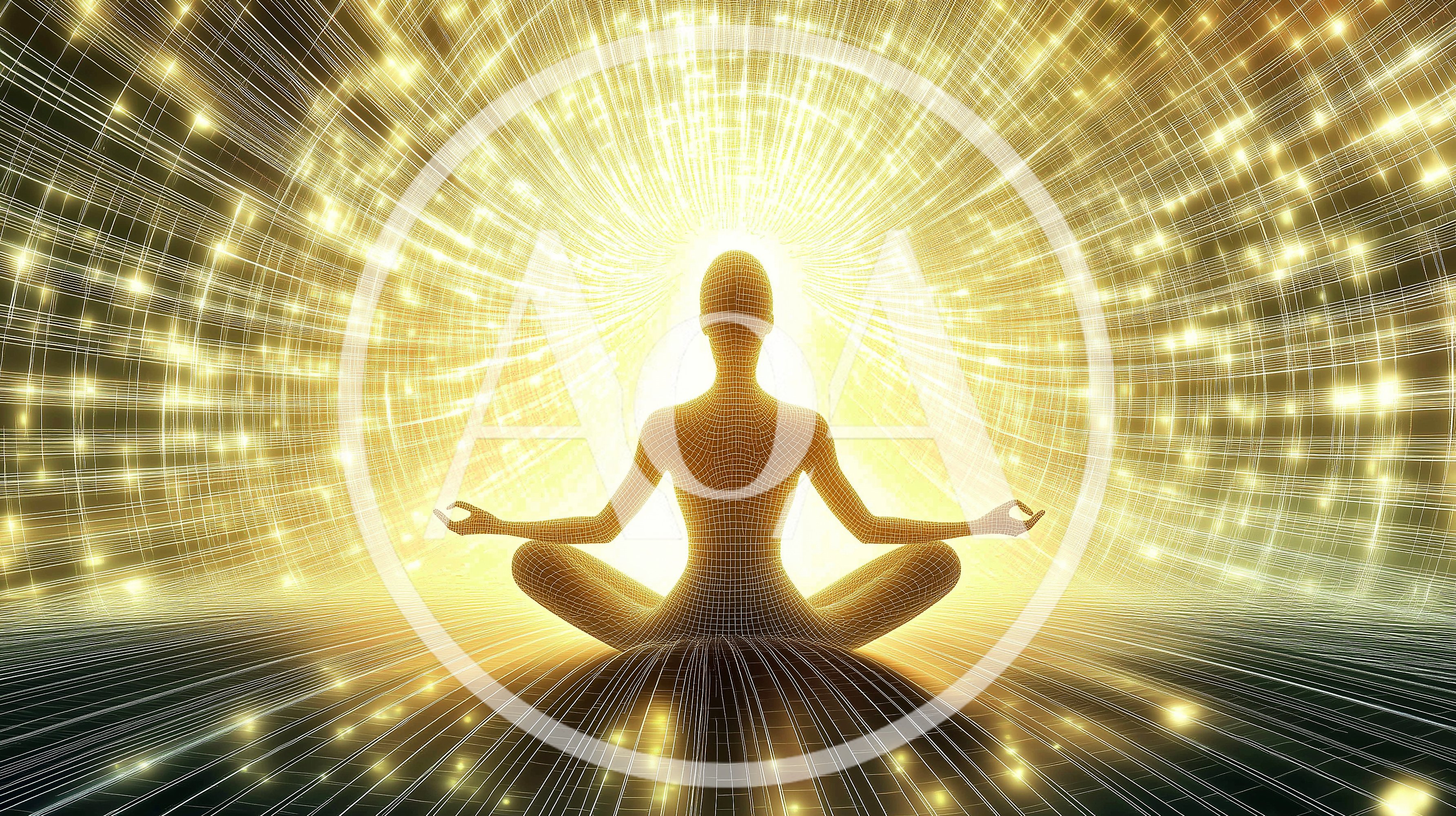 Digital Wireframe Human Figure Meditating In Golden Light