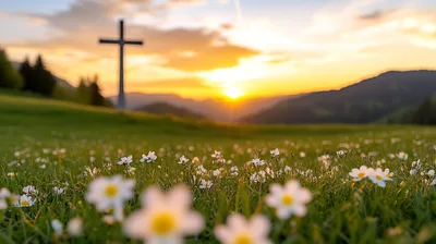 Christian Cross Standing In A Meadow At Sunset