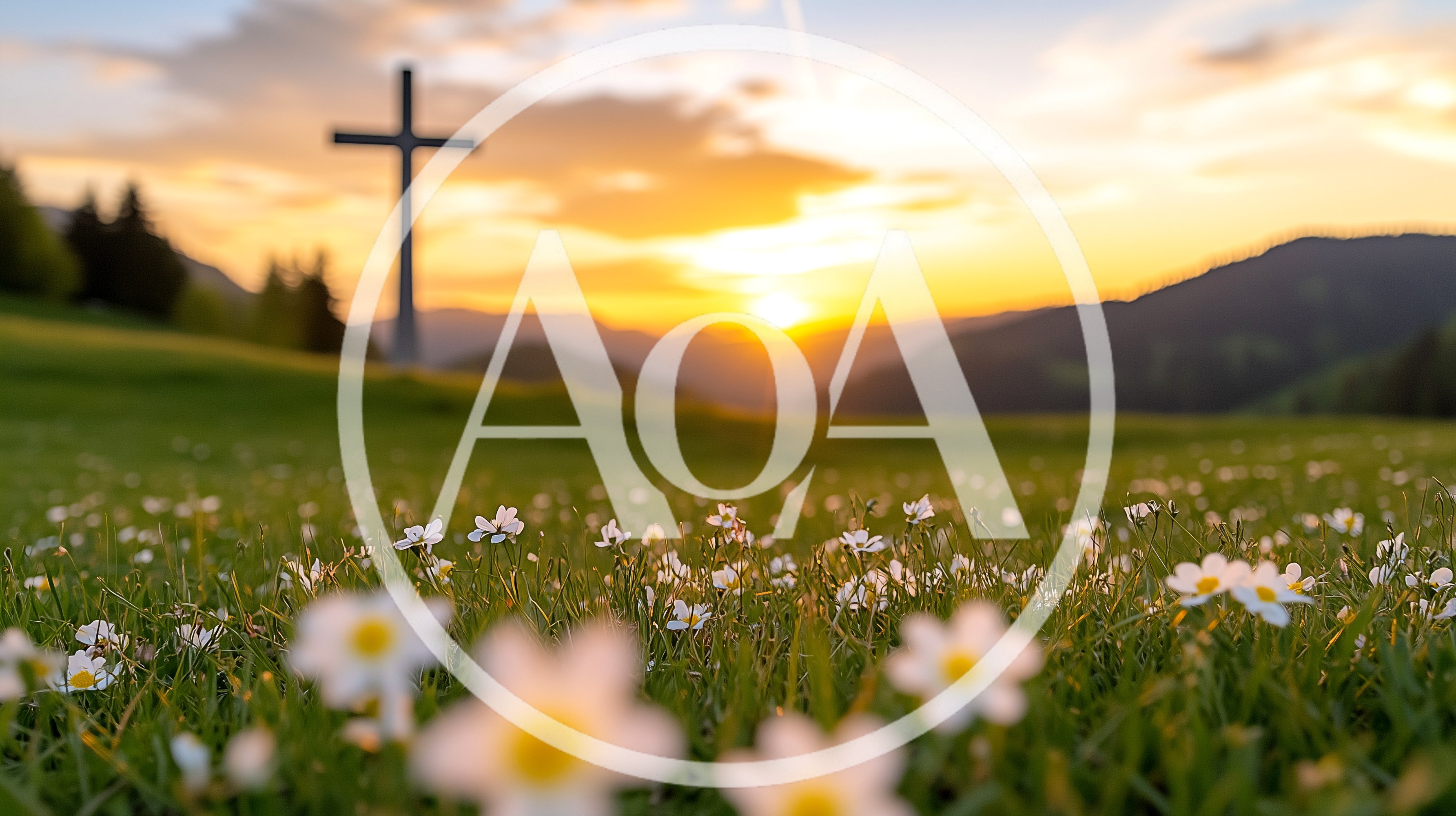 Christian Cross Standing In A Meadow At Sunset