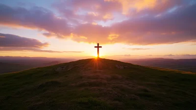 Silhouette Of A Christian Cross On A Grassy Hill