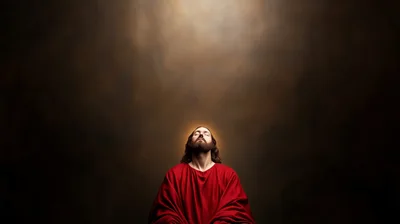 Jesus Christ Praying With Eyes Closed In Red Robe
