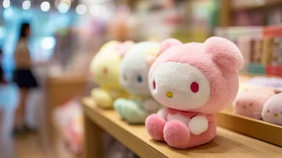 Plush Sanrio Character Toys Displayed On Store Shelf
