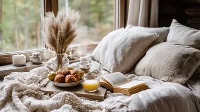 Cozy Morning Breakfast In Bed With Book