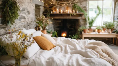 Cozy Rustic Bedroom Interior With Fireplace And Plants