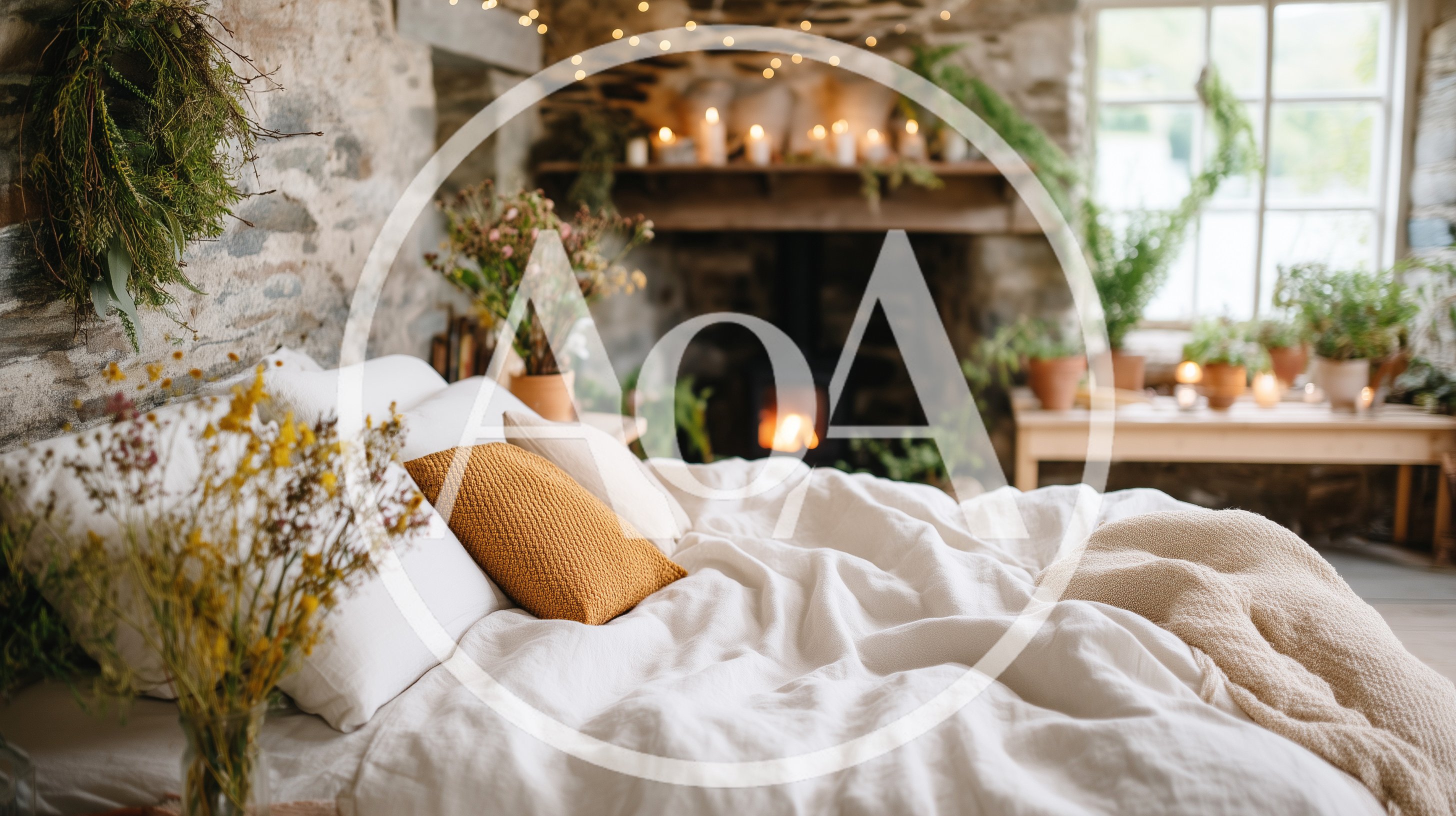 Cozy Rustic Bedroom Interior With Fireplace And Plants