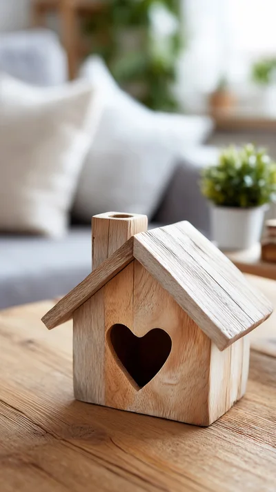 Wooden House Ornament With Heart Cutout On Table