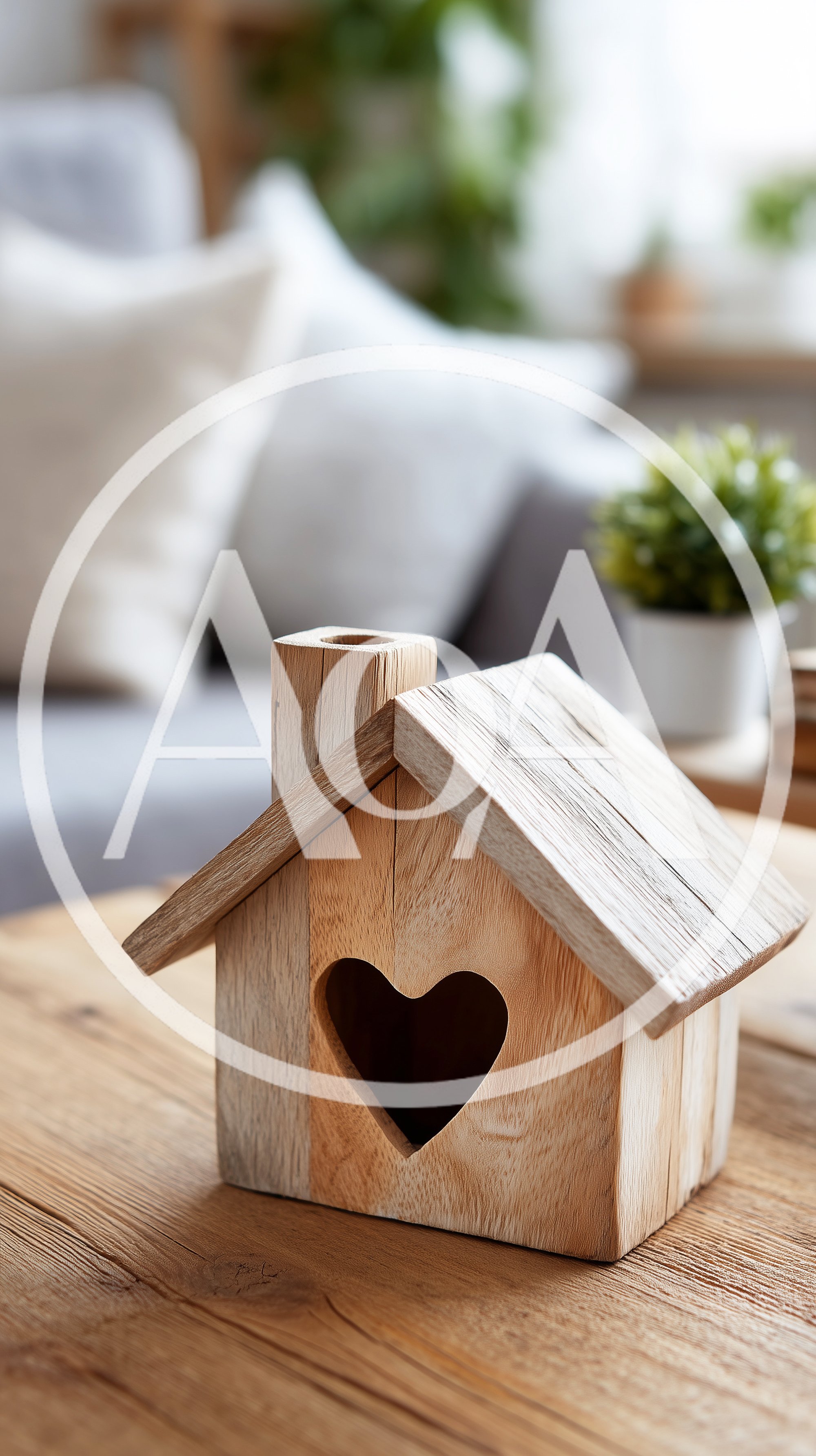 Wooden House Ornament With Heart Cutout On Table
