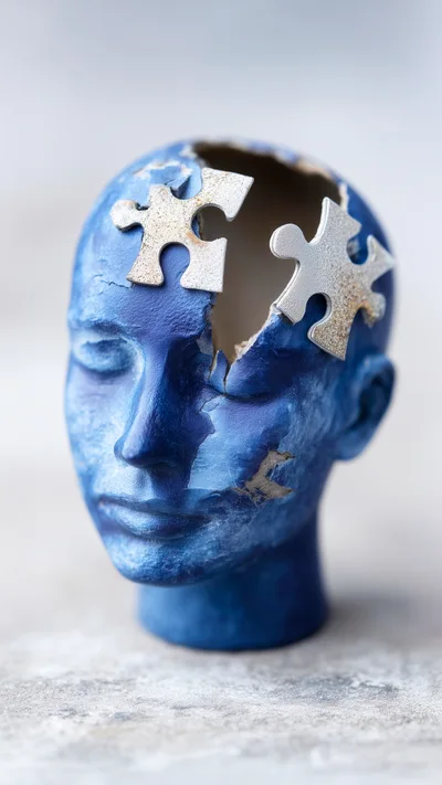 Blue Human Head Sculpture With Missing Puzzle Pieces
