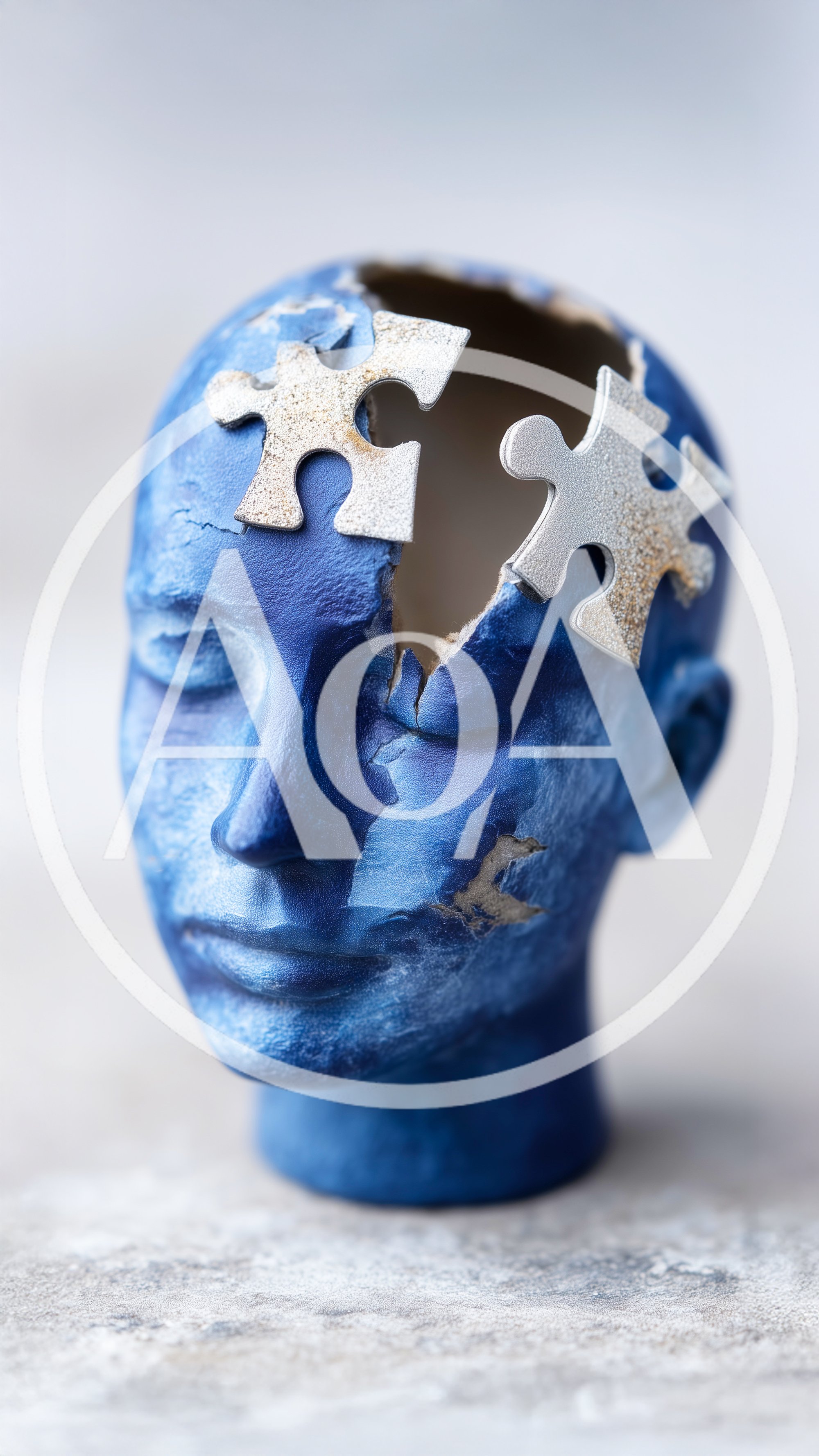 Blue Human Head Sculpture With Missing Puzzle Pieces
