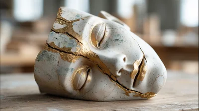 Kintsugi Ceramic Face Sculpture On Wooden Surface