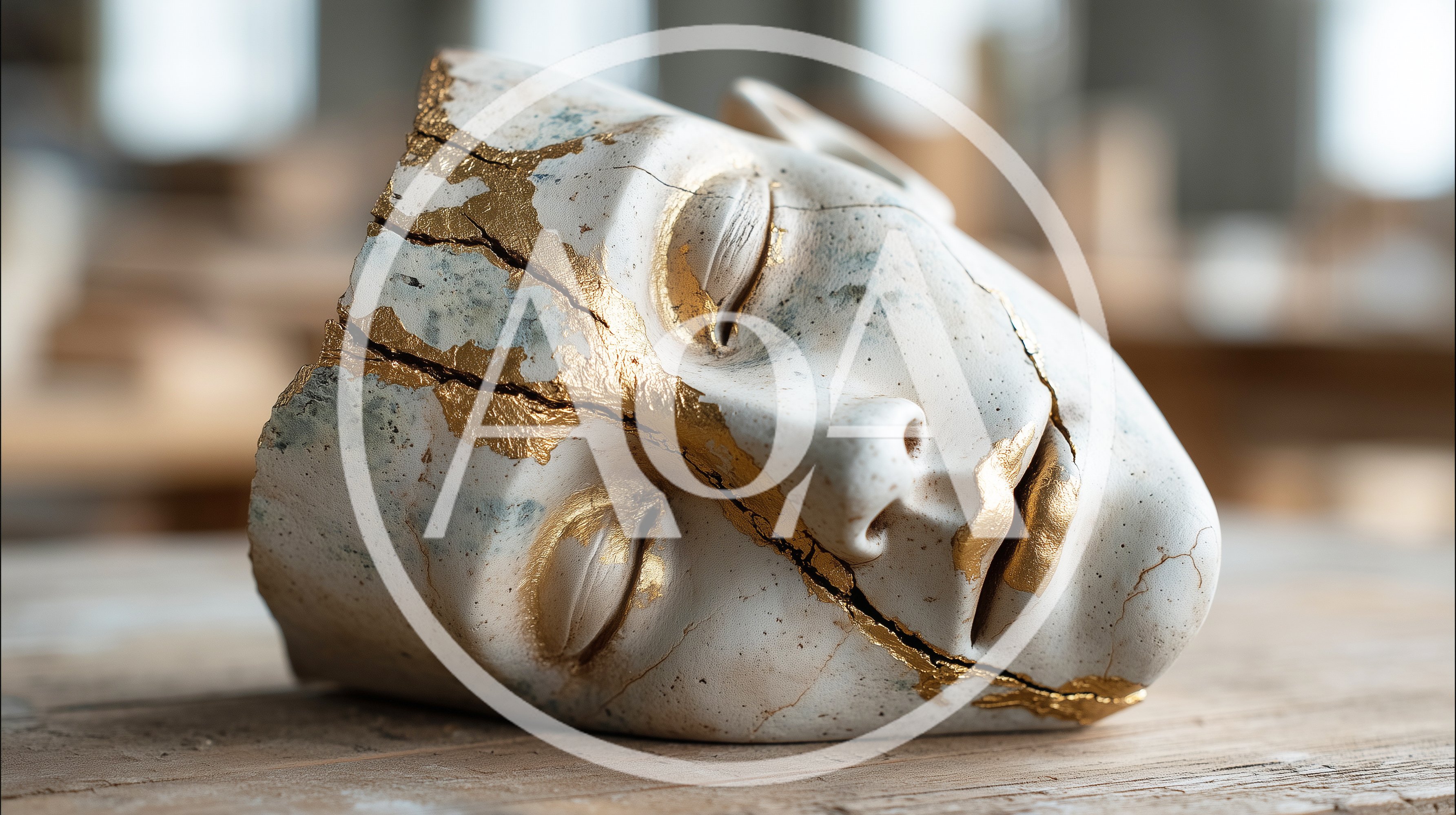 Kintsugi Ceramic Face Sculpture On Wooden Surface