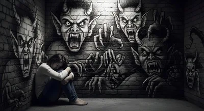 Depressed Young Woman Sitting Alone In Dark Corner