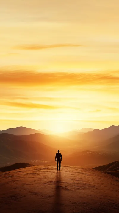 Silhouette Of A Man Standing On A Mountain Peak
