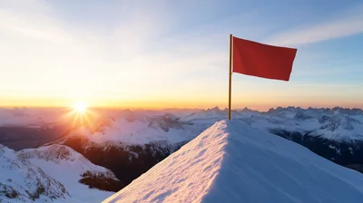 Red Flag Planted On Snowy Mountain Peak At Sunrise