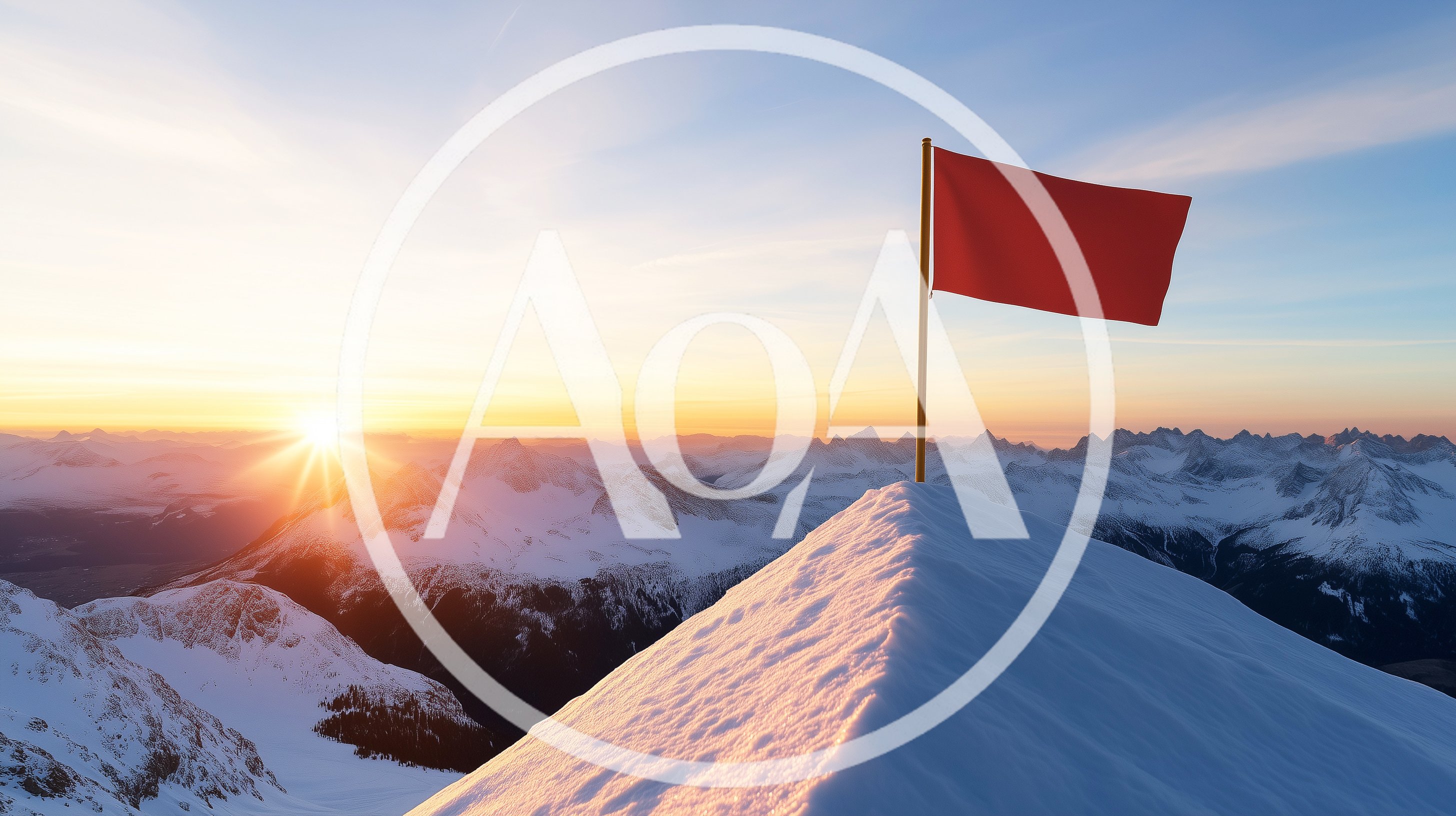 Red Flag Planted On Snowy Mountain Peak At Sunrise
