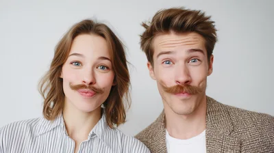 Young Couple Posing With Fake Mustaches