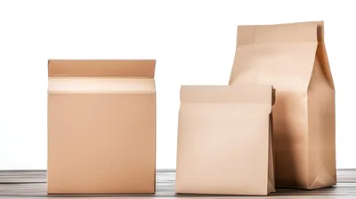 Three Brown Paper Packaging Bags On Wooden Table