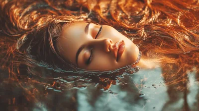 Young Woman Floating In Water With Flowing Hair