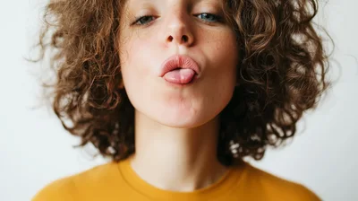Young Woman With Curly Hair Making A Funny Face