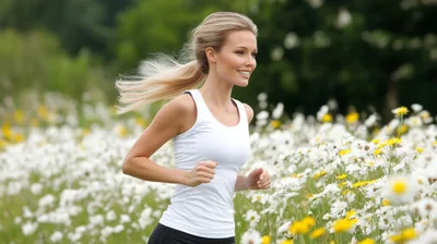 Blonde Woman Jogging Through A Field Of Daisies