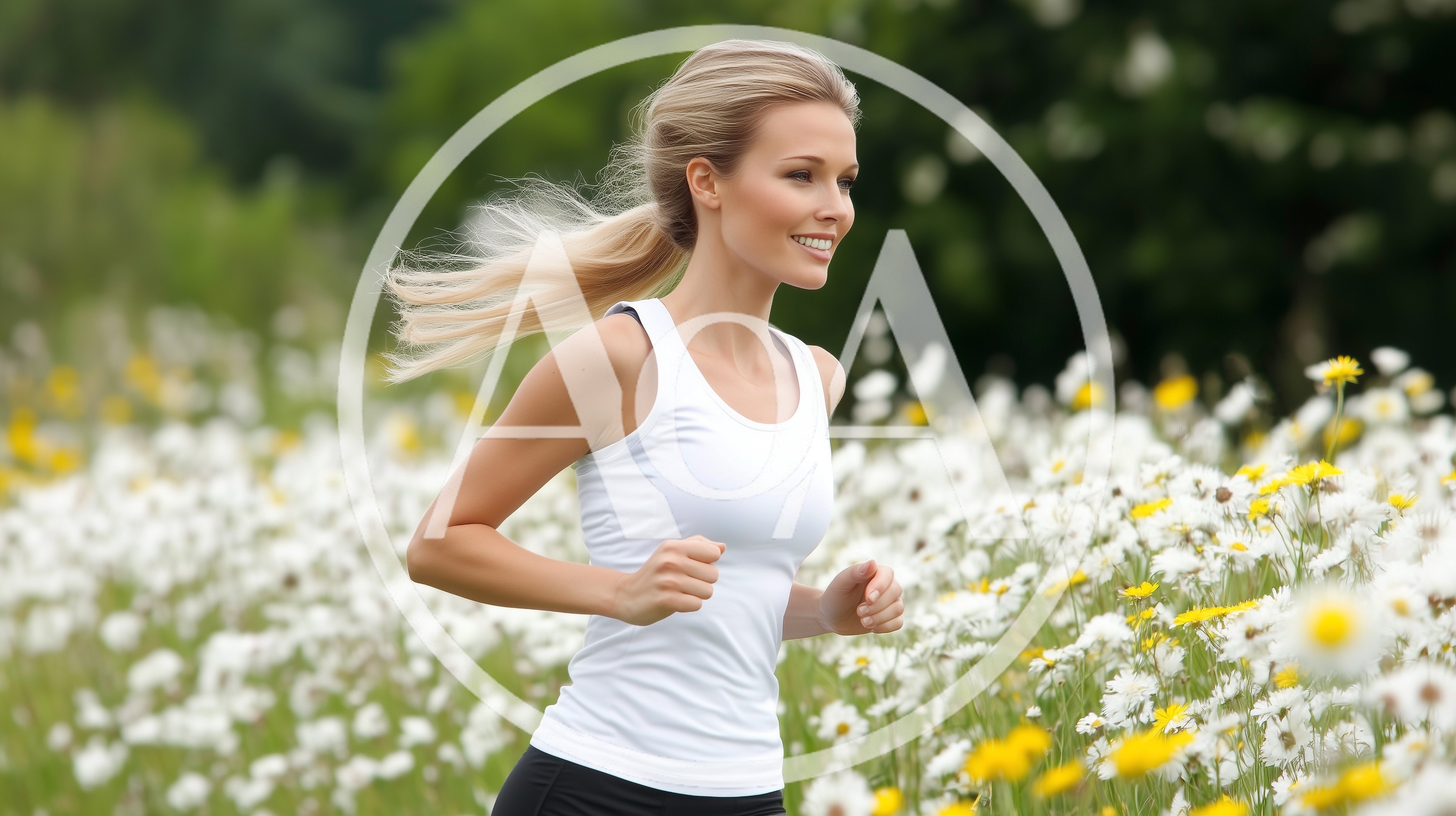 Blonde Woman Jogging Through A Field Of Daisies