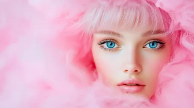 Portrait Of A Woman With Pink Hair And Blue Eyes
