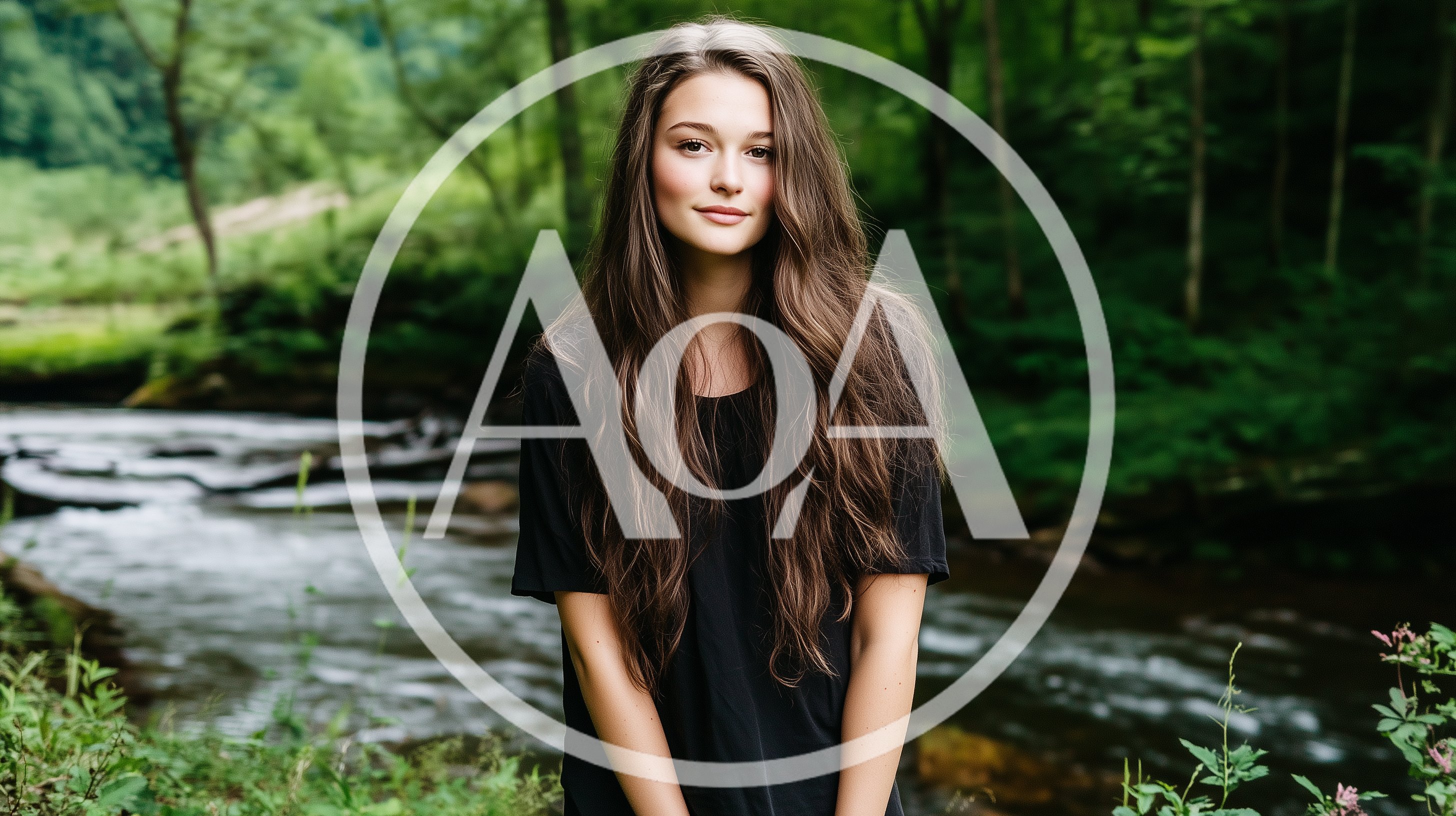 Young Woman Standing By A Forest Stream