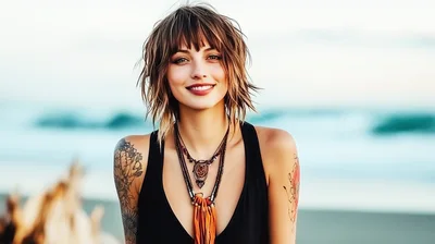 Portrait Of A Young Woman With Tattoos On The Beach