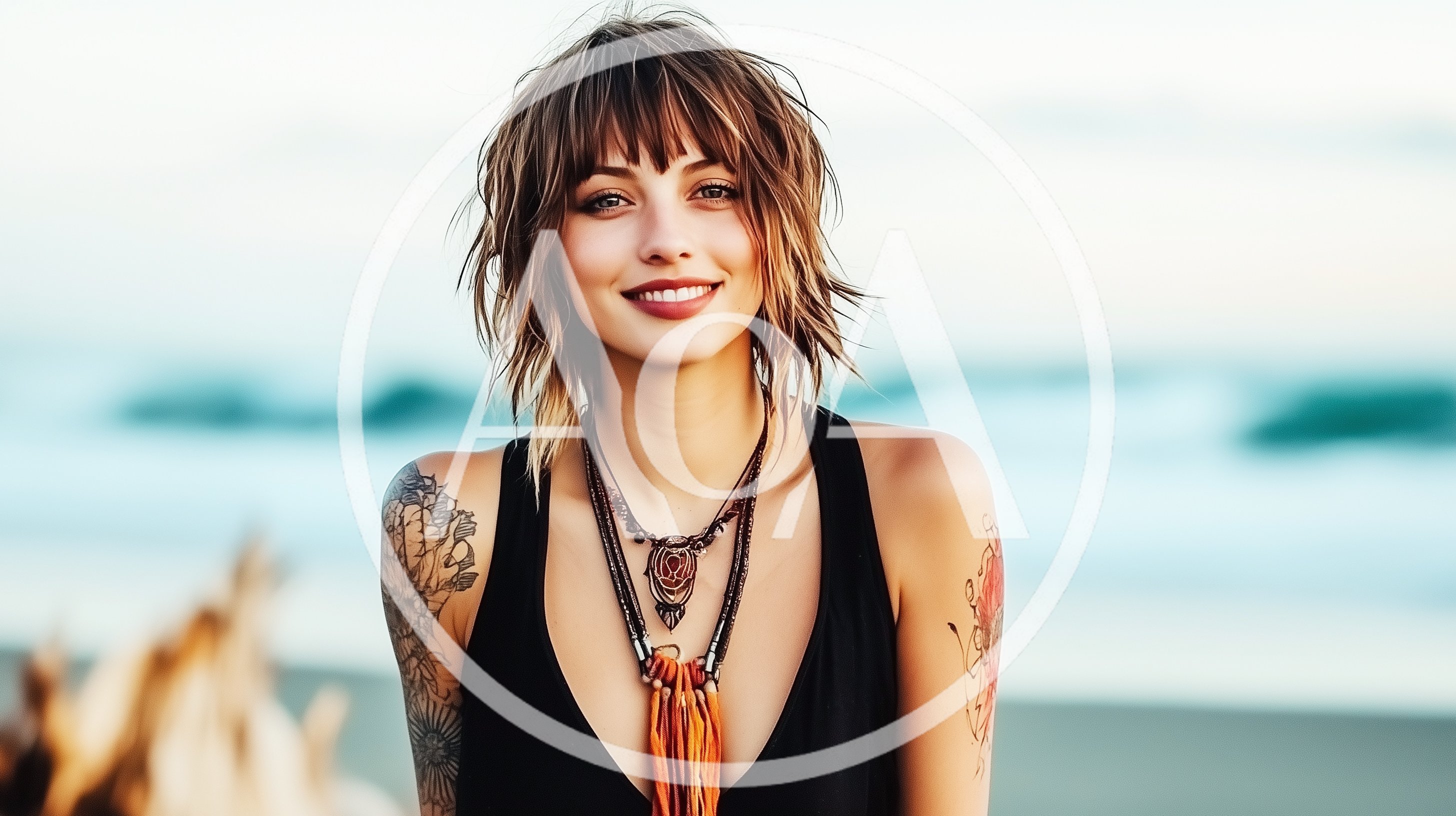 Portrait Of A Young Woman With Tattoos On The Beach