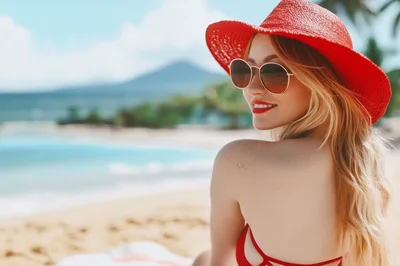 Blonde Woman Wearing Red Hat And Sunglasses On Beach