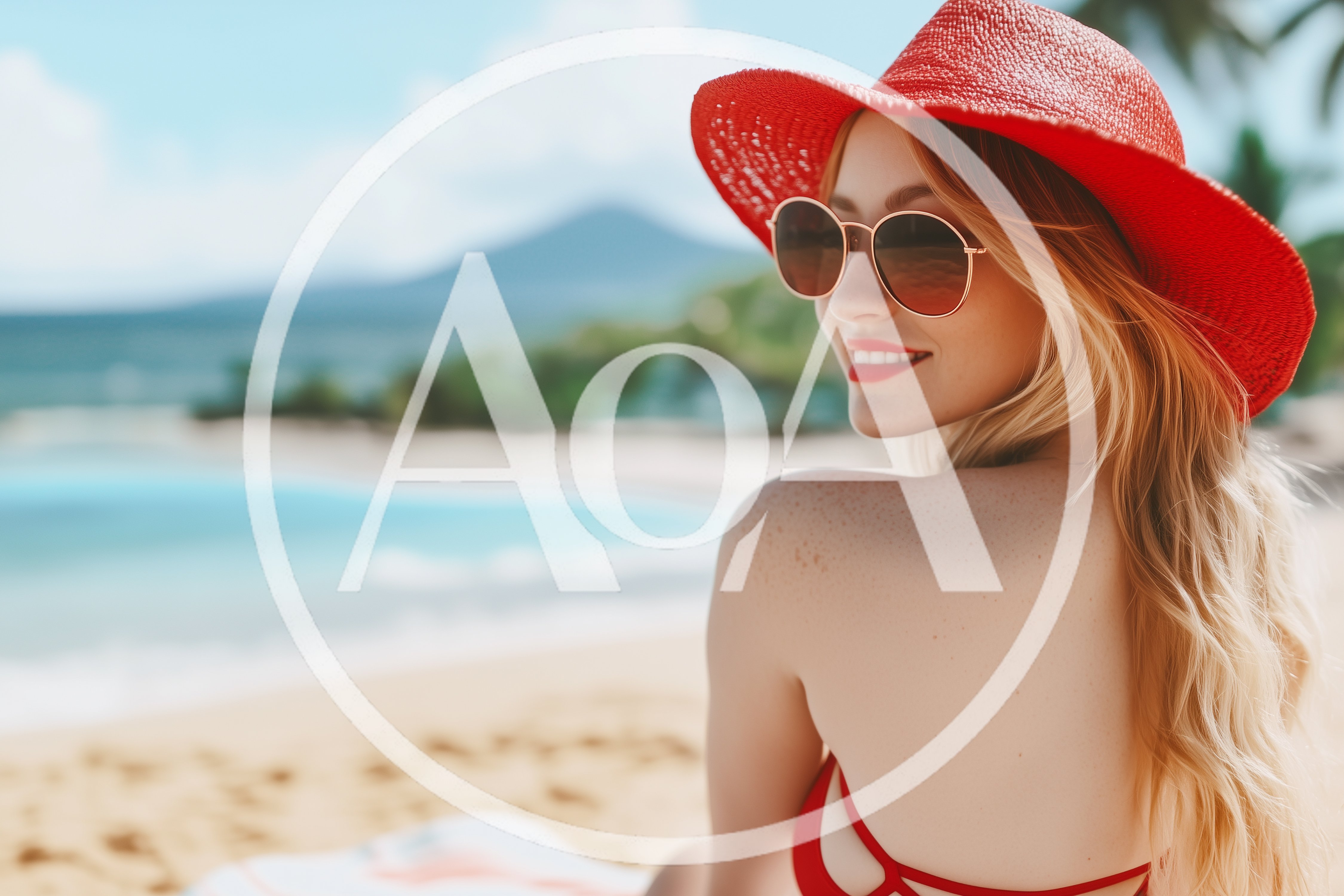Blonde Woman Wearing Red Hat And Sunglasses On Beach