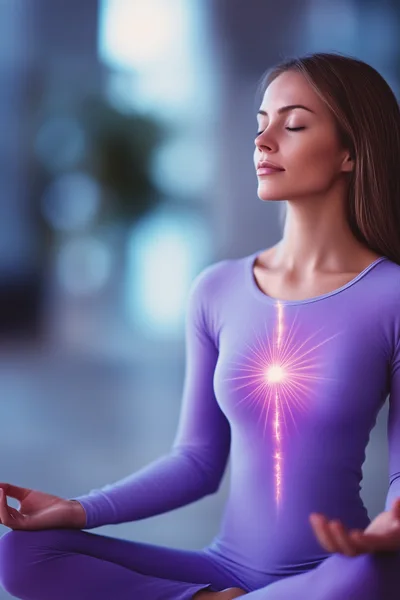 Woman Meditating With Glowing Heart Chakra Energy
