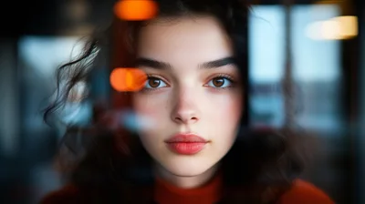 Close Up Portrait Of A Young Woman Behind Glass