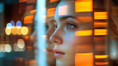 Young Woman Looking Through Window With City Lights Reflection