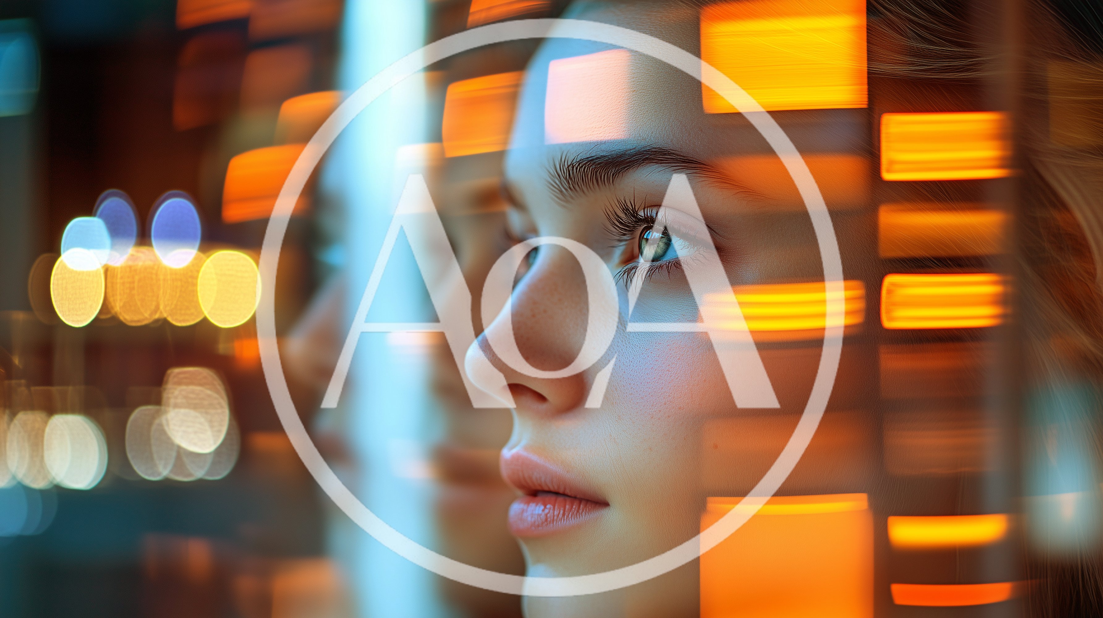 Young Woman Looking Through Window With City Lights Reflection
