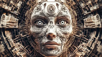 Cyborg Face With Intricate Mechanical Circuitry Background