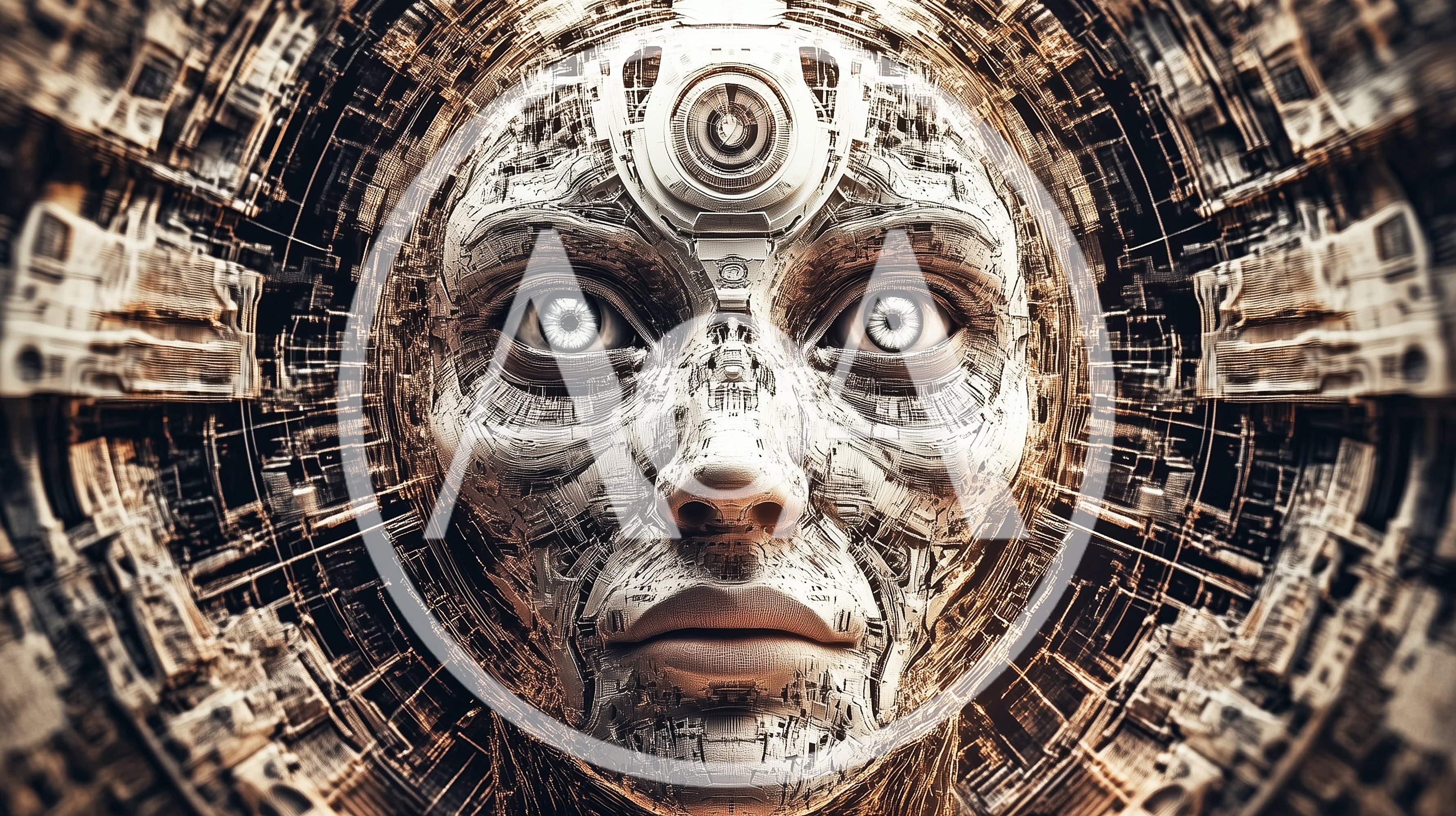 Cyborg Face With Intricate Mechanical Circuitry Background