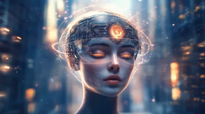 Futuristic Android Head With Glowing Digital Neural Interface