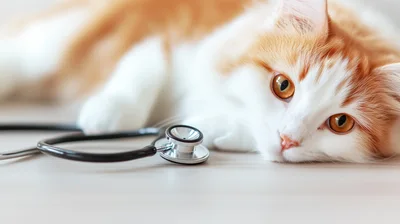 Ginger and White Cat Lying Next to a Stethoscope