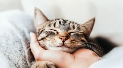 Close Up Of A Person Petting A Sleeping Tabby Cat