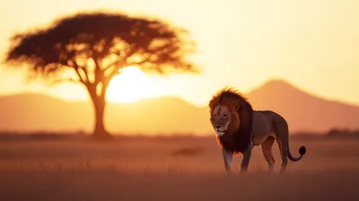 Majestic Male Lion Walking Through African Savanna At Sunset