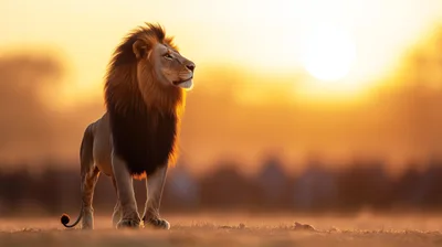Majestic Male Lion Standing In Golden Sunset Savanna