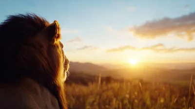 Majestic Lion Looking Over Savannah At Sunset