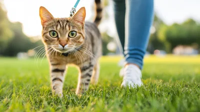 Tabby Cat Walking On A Leash In A Park