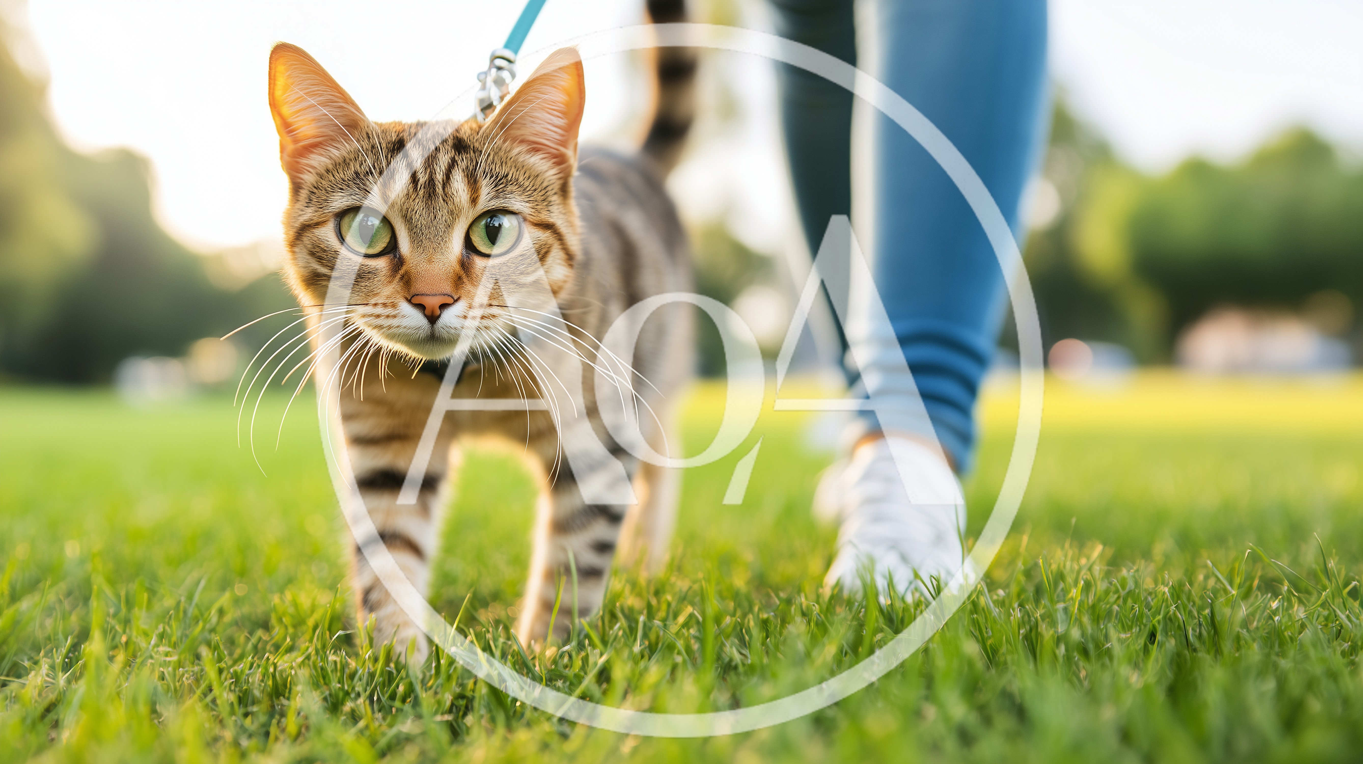 Tabby Cat Walking On A Leash In A Park