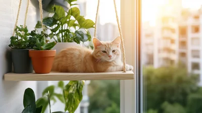 Ginger Cat Resting on a Hanging Window Shelf