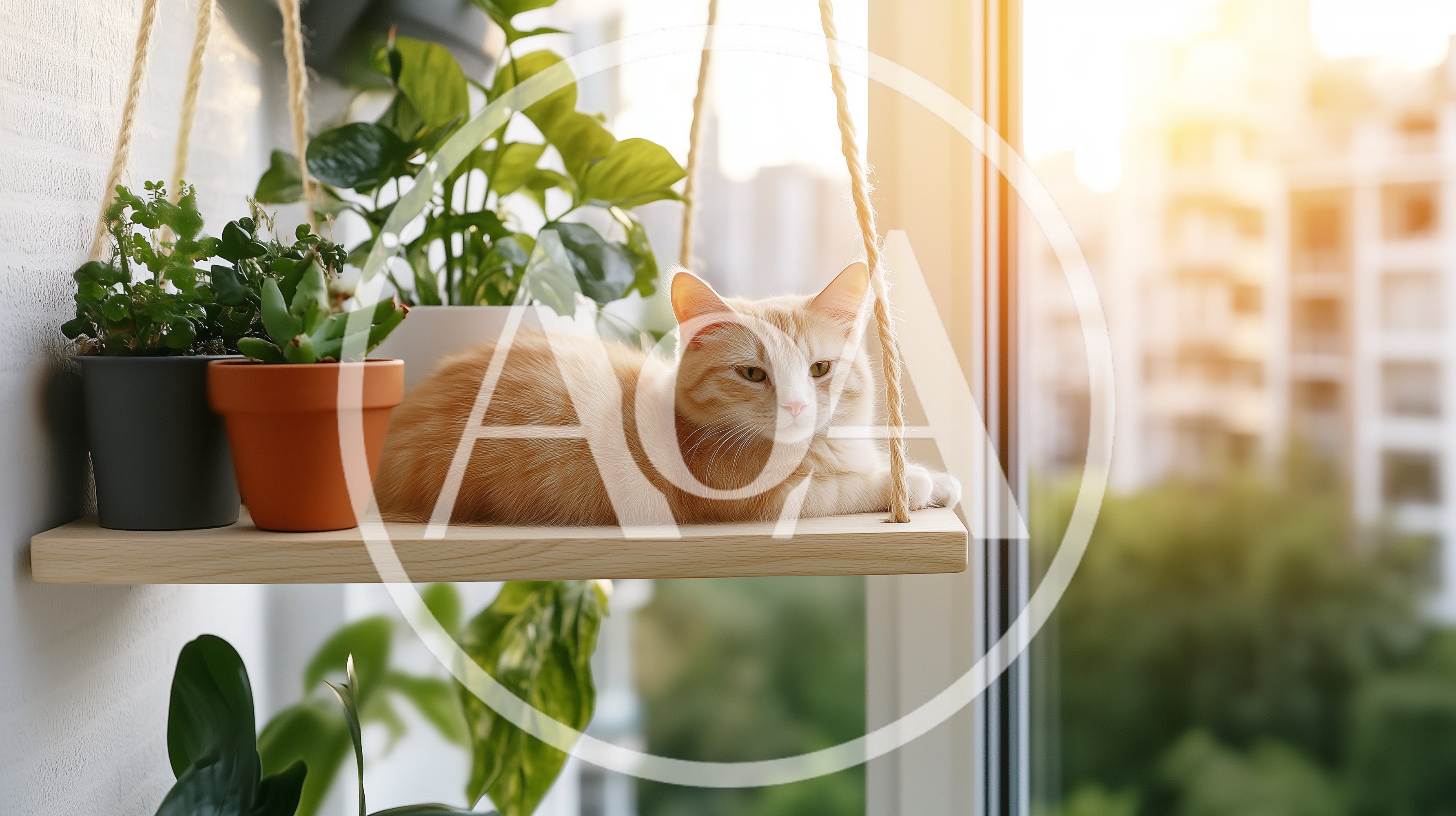 Ginger Cat Resting on a Hanging Window Shelf