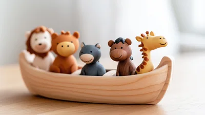 Wooden Toy Boat With Cute Animal Figurines
