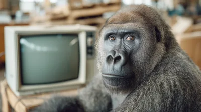 Gorilla Sitting Next To A Vintage Television Set