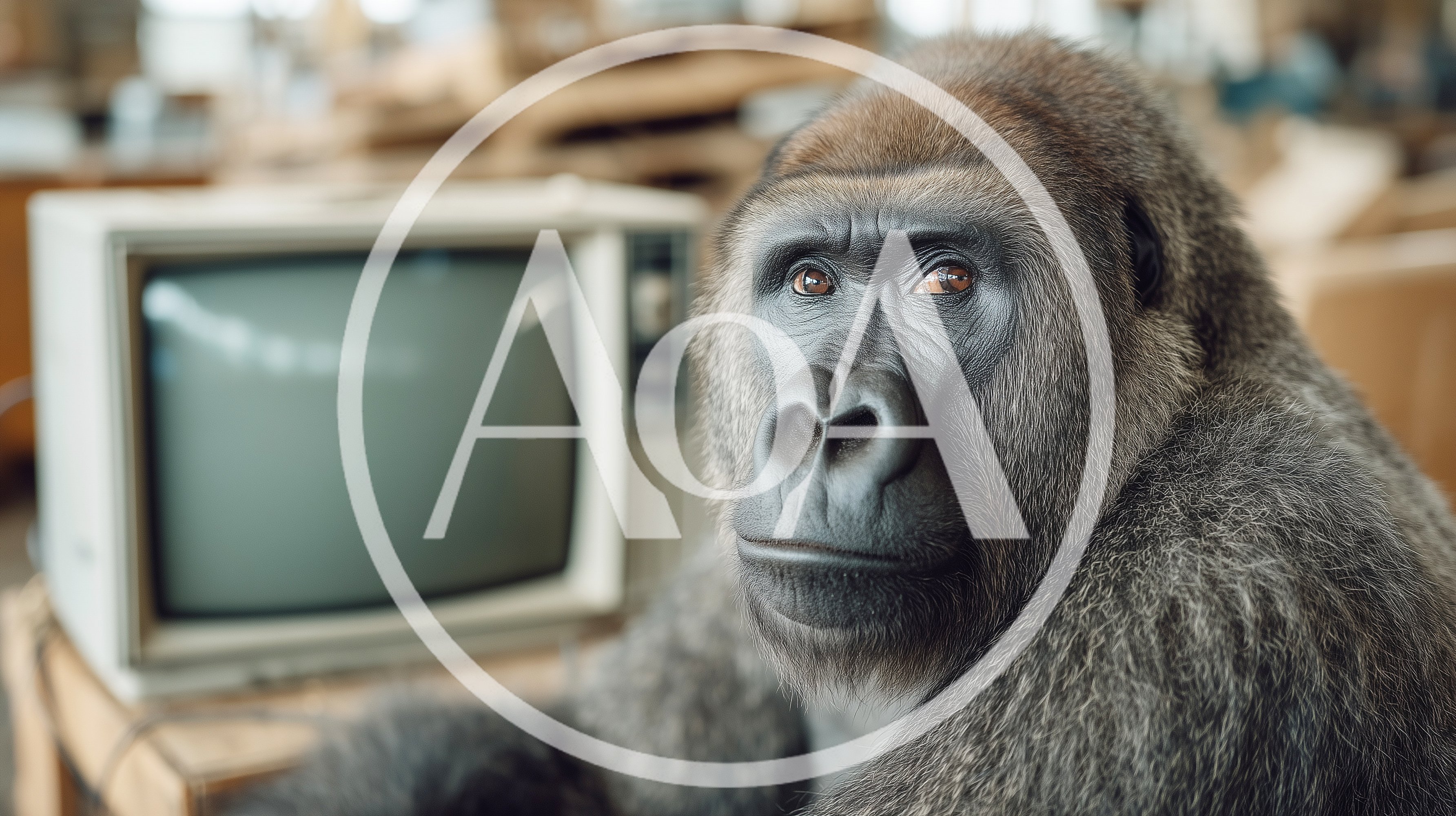 Gorilla Sitting Next To A Vintage Television Set